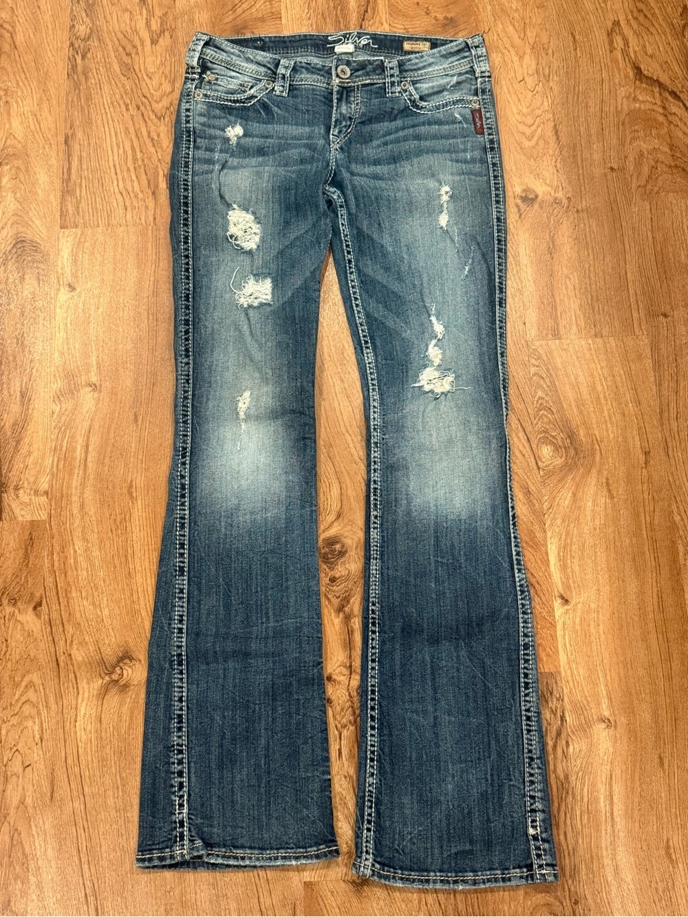 Silver Jeans Women's Distressed Flare Jeans - Medium Blue